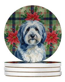 Blue and White Old English Sheepdog Christmas PoinsettIas Large Sandstone Coasters Pack of 4 Absorbent Round Coasters Decor Gifts for Men or Women