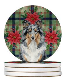Blue Merle Sheltie Christmas PoinsettIas Large Sandstone Coasters Pack of 4 Absorbent Round Coasters Decor Gifts for Men or Women, 4 in, Multicolor