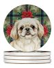 Cream Pekingese Christmas PoinsettIas Large Sandstone Coasters Pack of 4 Absorbent Round Coasters Decor Gifts for Men or Women, 4 in, Multicolor
