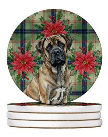 Brindle Mastiff Christmas PoinsettIas Large Sandstone Coasters Pack of 4 Absorbent Round Coasters Decor Gifts for Men or Women, 4 in, Multicolor