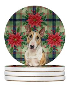 Tricolor Miniature Bull Terrier Christmas PoinsettIas Large Sandstone Coasters Pack of 4 Absorbent Round Coasters Decor Gifts for Men or Women, 4 in