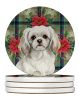 White Tibetan Spaniel Christmas PoinsettIas Large Sandstone Coasters Pack of 4 Absorbent Round Coasters Decor Gifts for Men or Women, 4 in, Multicolor