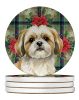 Gold and White Shih Tzu Christmas PoinsettIas Large Sandstone Coasters Pack of 4 Absorbent Round Coasters Decor Gifts for Men or Women, 4 in