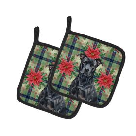 Black American Staffordshire Terrier Christmas PoinsettIas Pair of Pot Holders Pair 7.5x7.5 Quilted Insulated Hot Pads Decorative Kitchen Gift Made in