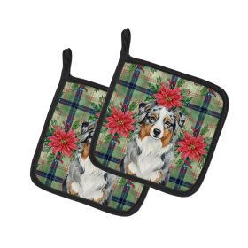 Blue Merle Australian Shepherd Christmas PoinsettIas Pair of Pot Holders Pair 7.5x7.5 Quilted Insulated Hot Pads Decorative Kitchen Gift Made in USA