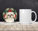 Cream Pekingese Christmas PoinsettIas Large Sandstone Coasters Pack of 4 Absorbent Round Coasters Decor Gifts for Men or Women, 4 in, Multicolor
