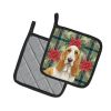 Lemon and White Basset Hound Christmas PoinsettIas Pair of Pot Holders Pair 7.5x7.5 Quilted Insulated Hot Pads Decorative Kitchen Gift Made in USA