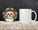Gold and White Shih Tzu Christmas PoinsettIas Large Sandstone Coasters Pack of 4 Absorbent Round Coasters Decor Gifts for Men or Women, 4 in