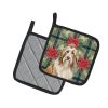 Fawn Bearded Collie Christmas PoinsettIas Pair of Pot Holders Pair 7.5x7.5 Quilted Insulated Hot Pads Decorative Kitchen Gift Made in USA